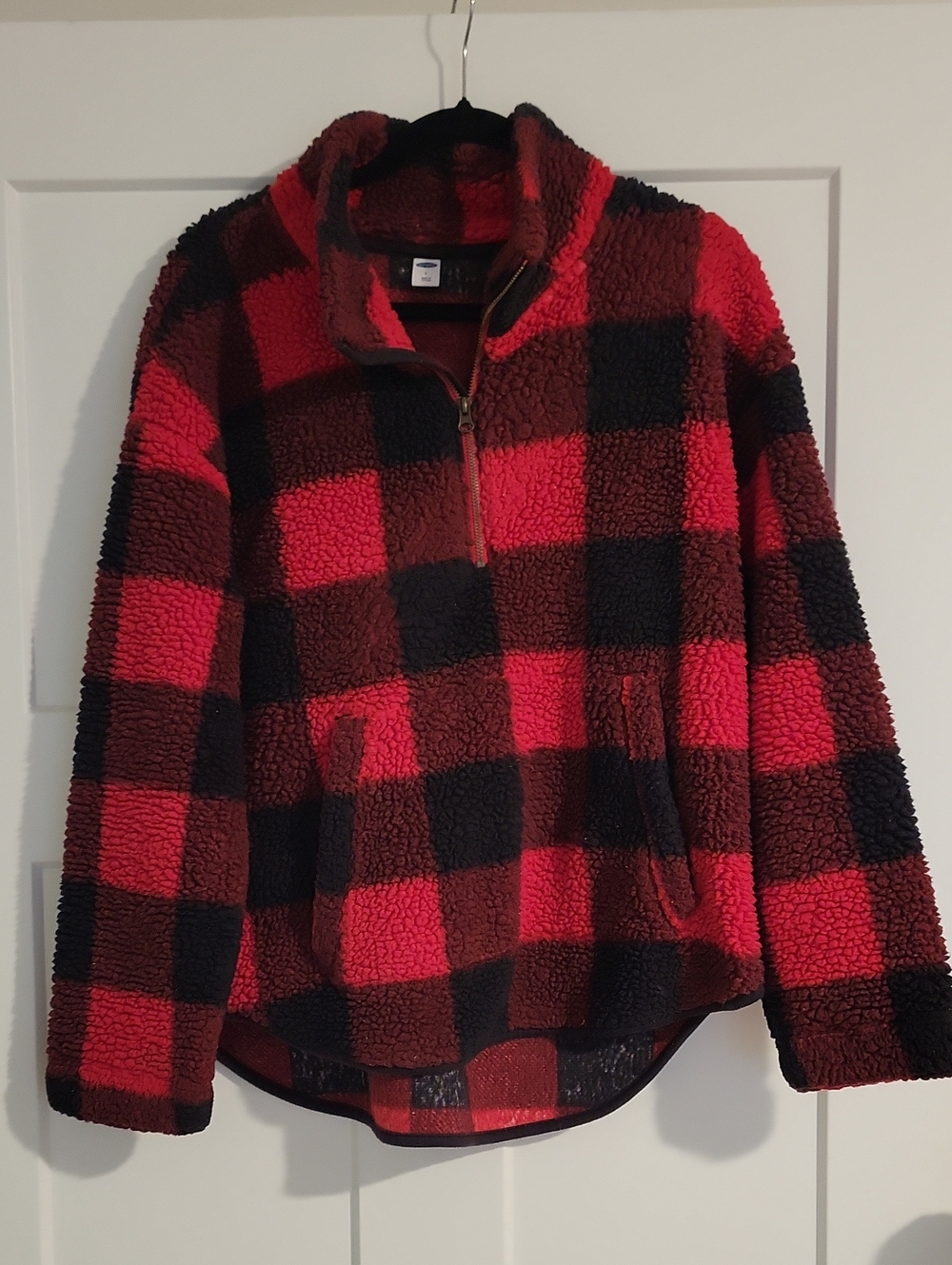 Old Navy Red and Black Buffalo Plaid Sherpa Quarter-Zip Jacket